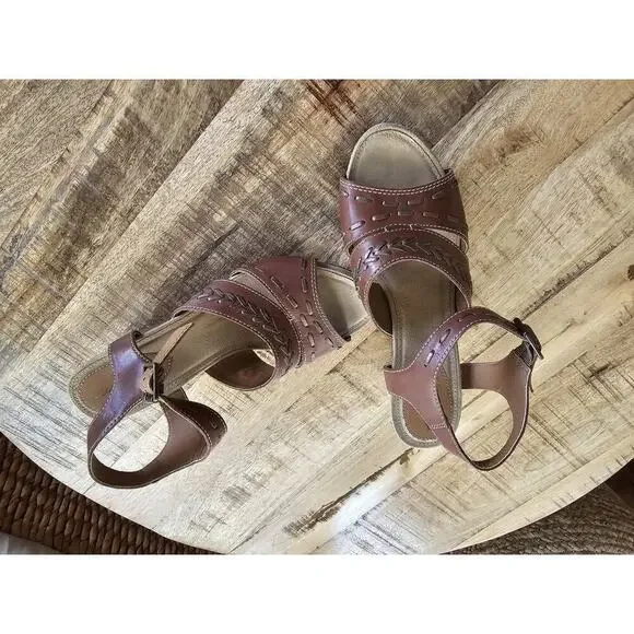 Eddie Bauer Sandals Women's Wedge Leather 9 Stitched Bohemian Beach Vacation - Picture 11 of 12